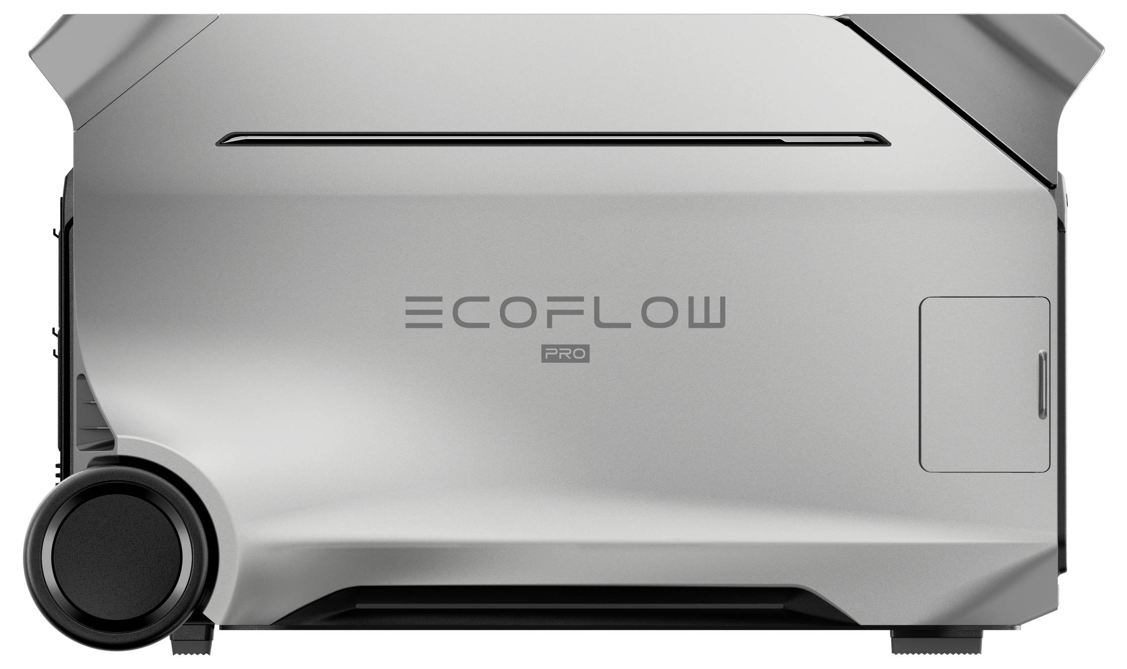 Bärbar kraftstation med texten 'EcoFlow Pro'. Modern grå yta med synliga sidohandtag.
