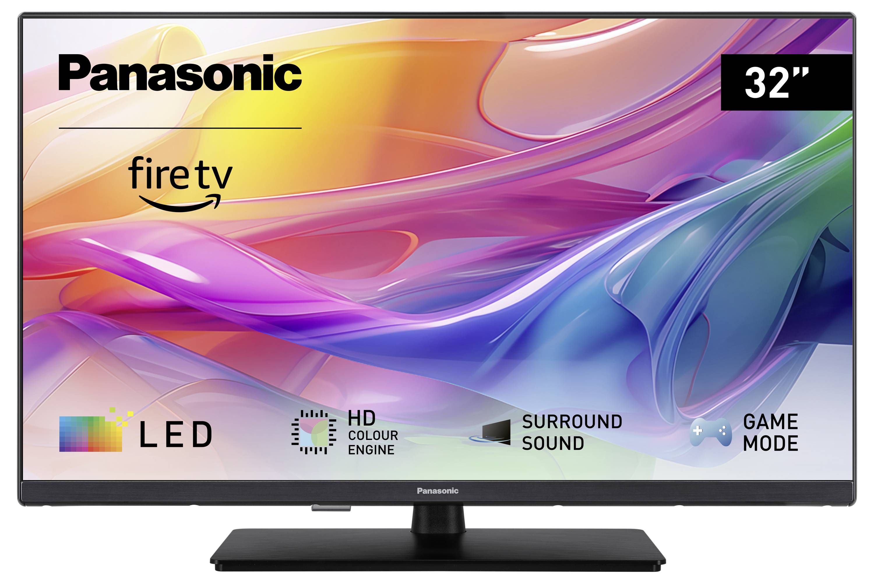En Panasonic 32-tums TV med Fire TV, LED-skärm, HD-färgmotor, surroundljud och spelläge. Skärmen visar färgglada former.