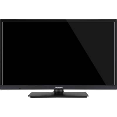 En svart platt-TV med märkeslogotypen på framsidan. Skärmen är av och reflekterar lätt.