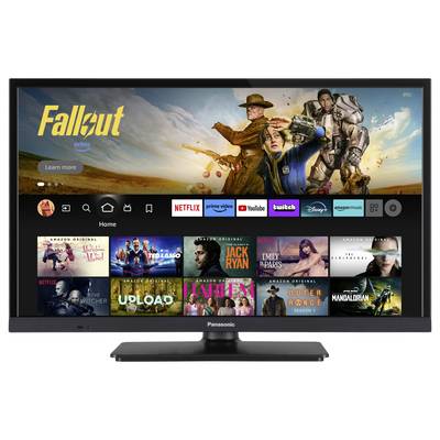 En tv visar en streamingtjänst. Längst upp finns reklam för serien 'Fallout'. Under detta syns olika streamingtjänster och programrutor.