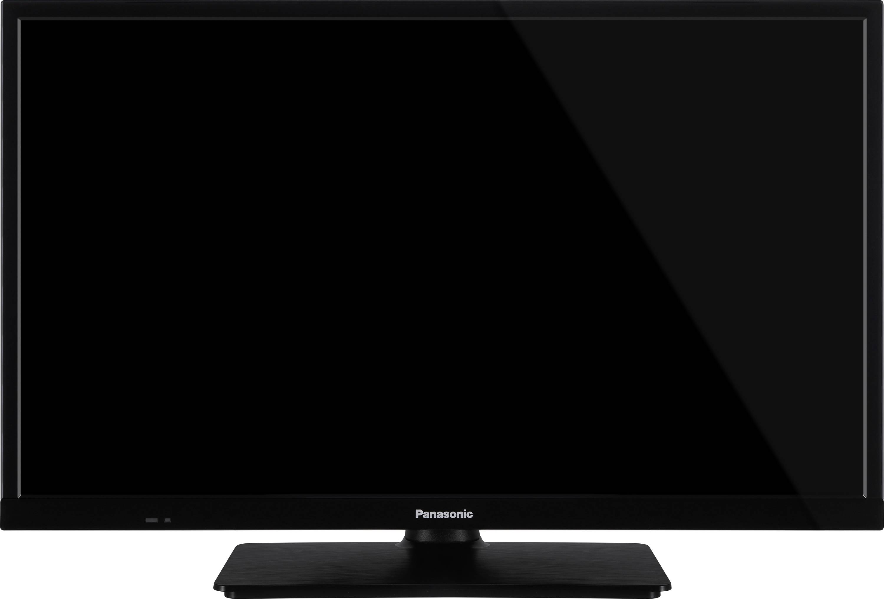 En svart, avstängd flatskärms-TV står på ett bord.