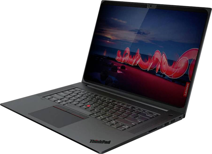 En uppfälld laptop visar en skärm med ett abstrakt, rött linjemönster på en mörk bakgrund.