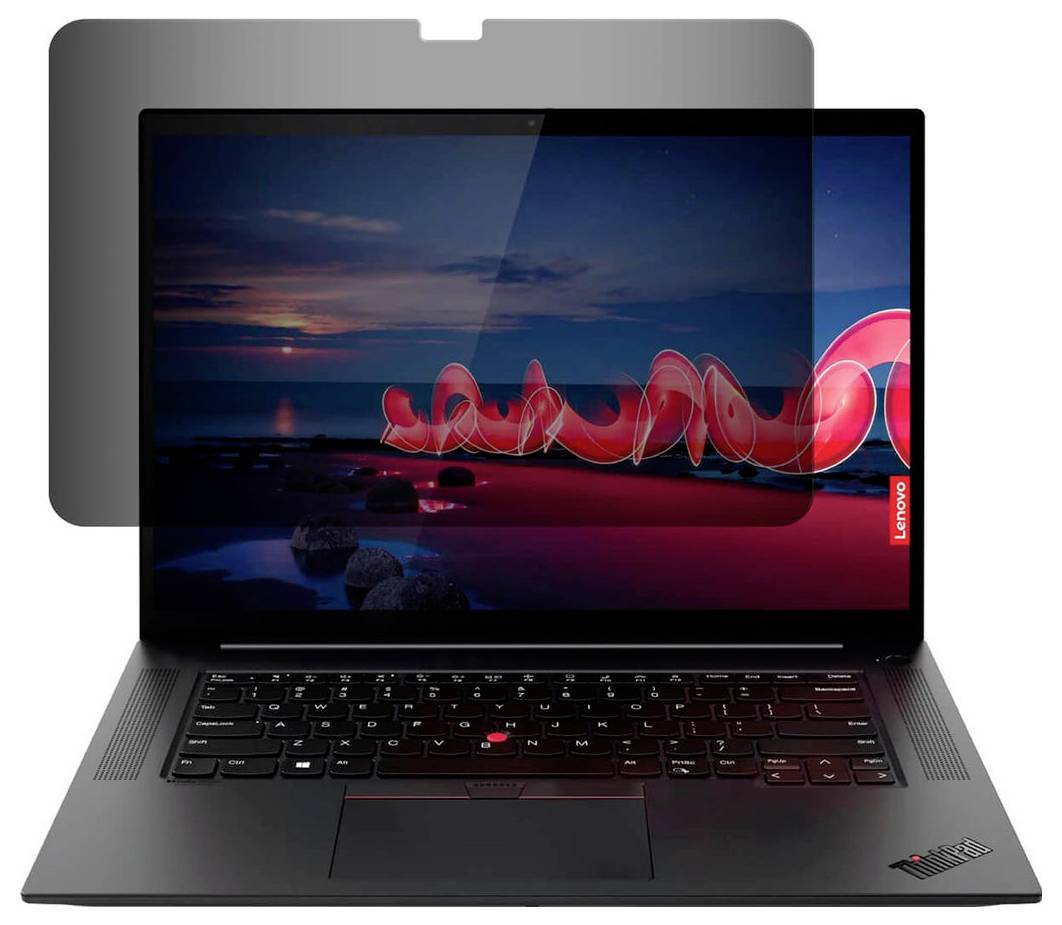 Bärbar dator med icke-reflekterande skärm, med en solnedgång över havet i bakgrunden. Lenovo-logotypen syns längst ner till vänster på datorn.