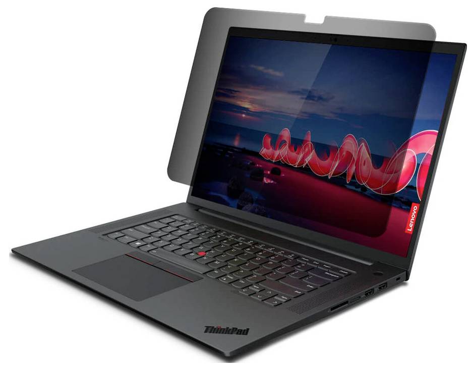 En bärbar dator från Lenovo med matt skärm och tangentbord, skärmen visar ett grafiskt rött vågmönster, placerad på ett bord.