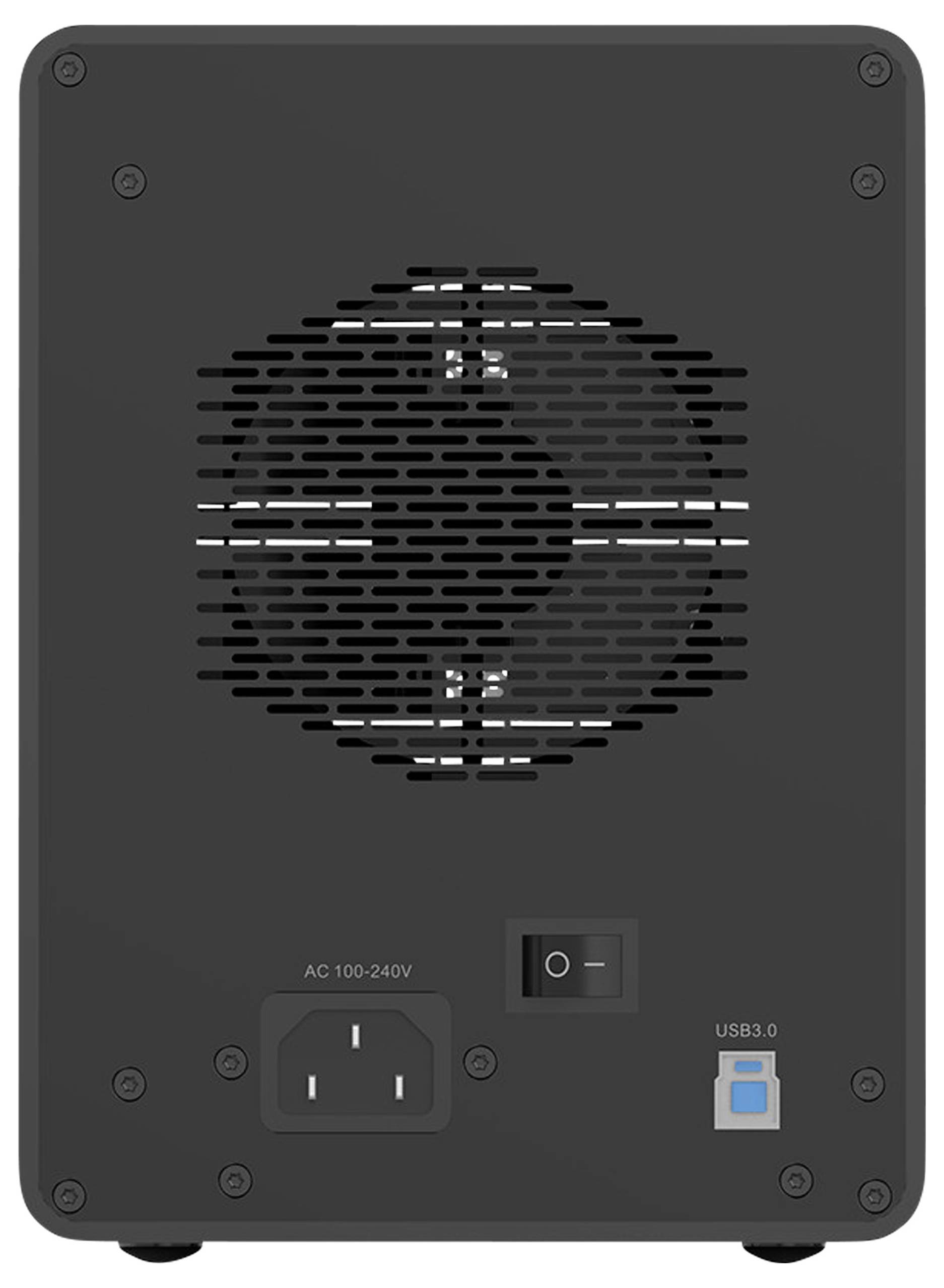 Baksidan av en elektronisk enhet med fläkt, strömbrytare, strömuttag och USB 3.0-port. Enheten stöder 100-240V AC.