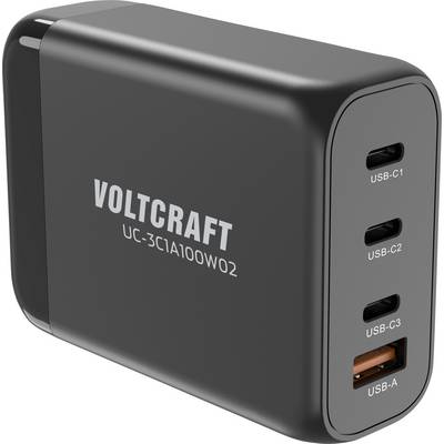 Svart laddare med tre USB-C- och en USB-A-port, märkt 'VOLTCRAFT' och modellnummer 'UC-3C1A100W02' till vänster.