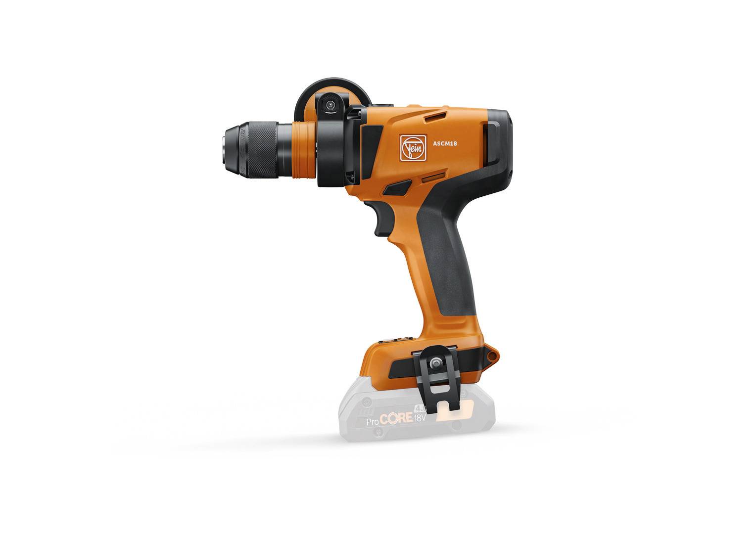 Sladdlös batteridrill i orange och svart på vit bakgrund, kompakt och trådlös, lämplig för bygg- eller DIY-projekt.