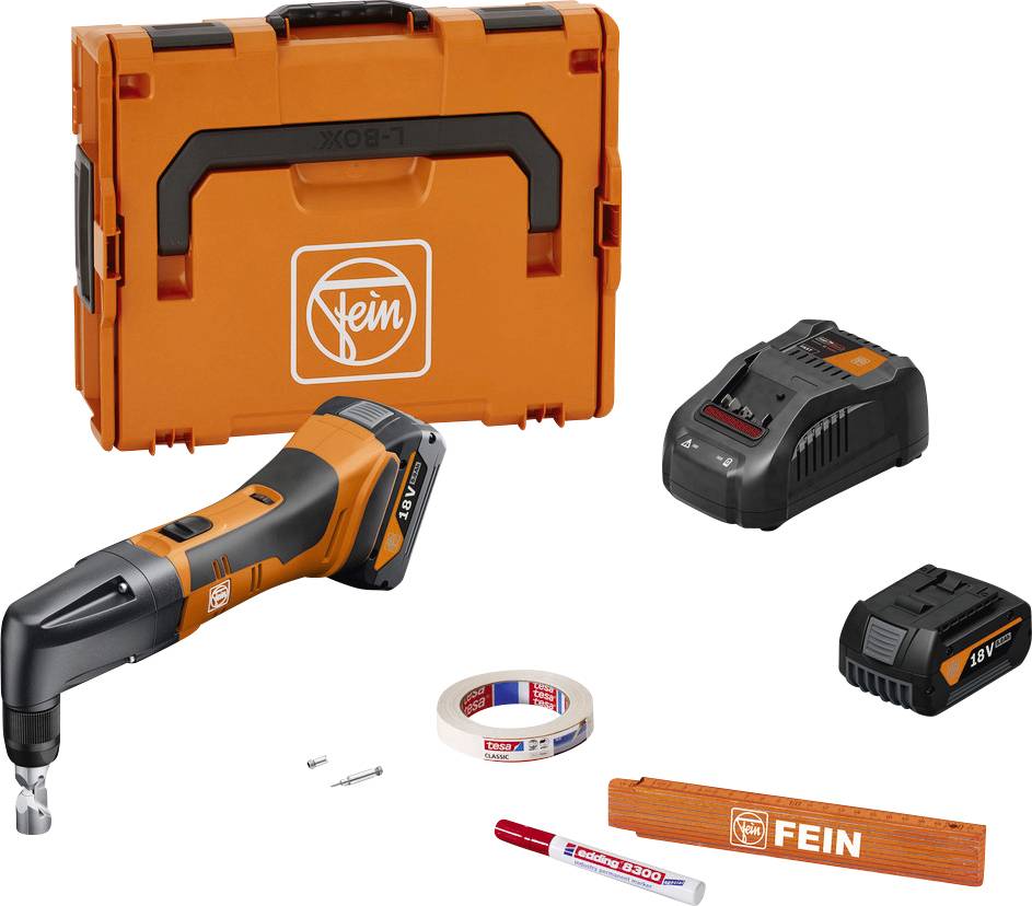 Multiverktygsset med orange-svart enhet, batterier, laddare och tillbehör. I bakgrunden en orange väska.