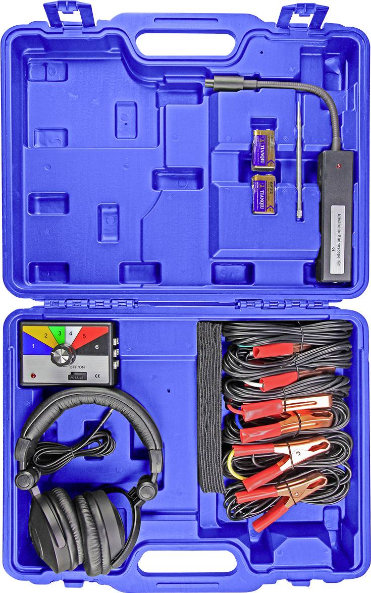 Blått plastfodral med hörlurar, diagnosenhet och kablar. Tillbehör för fordonsdiagnos med batteritestfunktion.