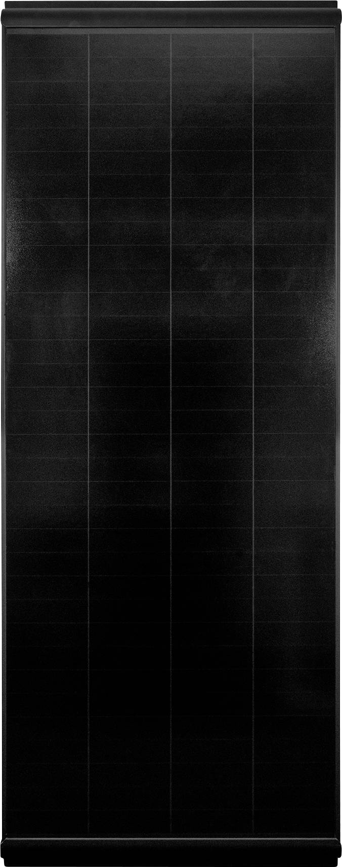 Svart solpanel med rektangulär form, bestående av flera sammankopplade celler, för omvandling av solljus till elektricitet.