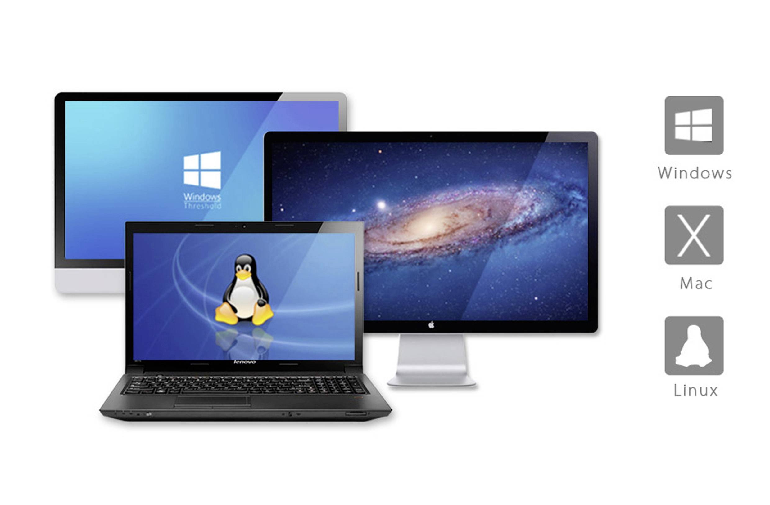 Tre skärmar med operativsystemlogotyper: Windows, Mac, Linux. Vänster Windows-logotyp, mitten Linux-pingvin, höger Mac-universum.