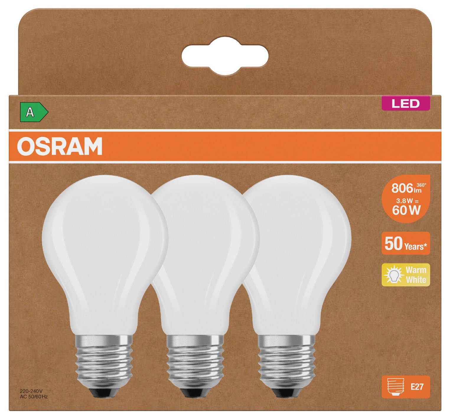 OSRAM LED-lampa paket med tre varma vita E27-lampor, 806 lumen, 8,3W, motsvarar 60W, klassificerad för 50 års användning.