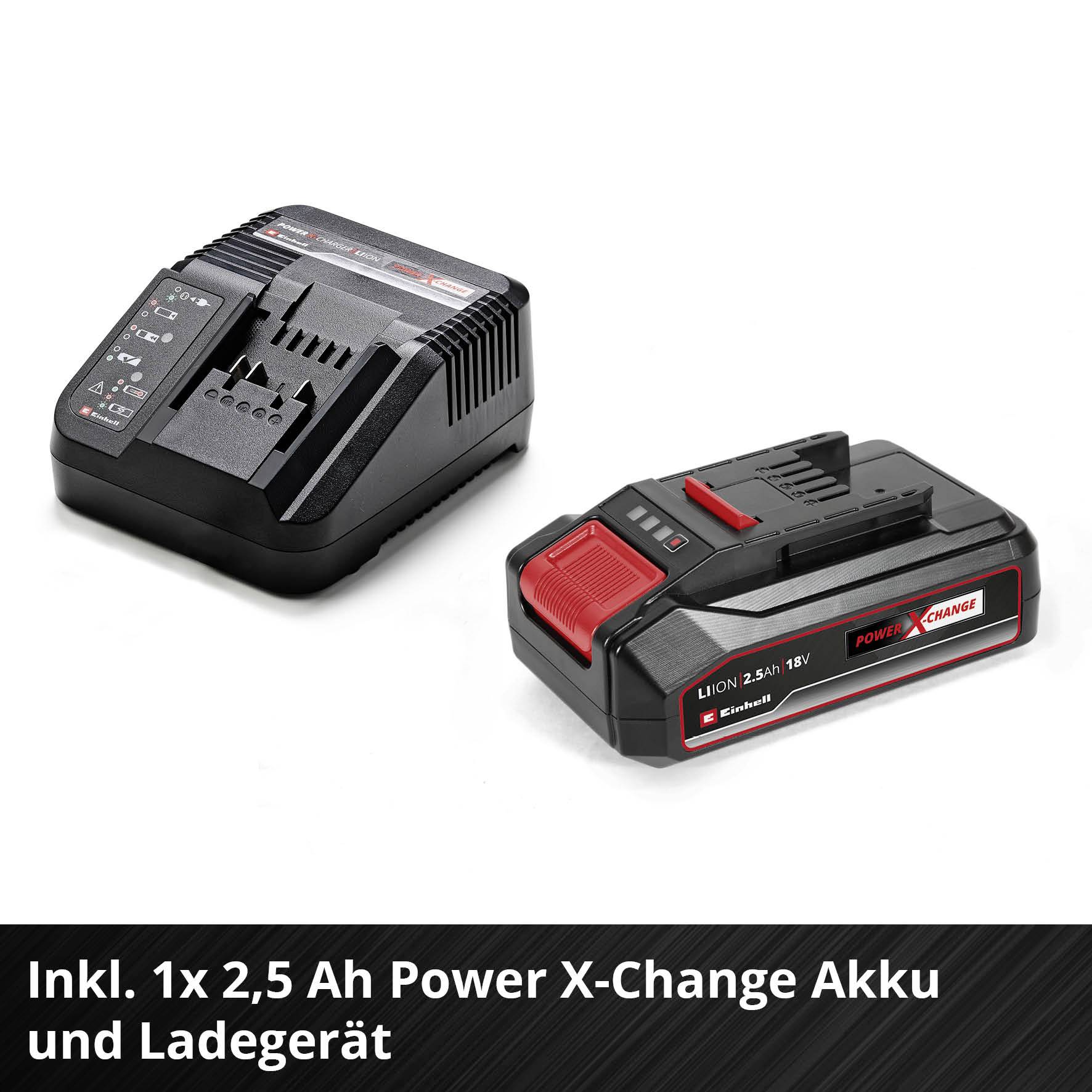 'Laddare och 2,5 Ah Power X-Change batteri. Innehåller laddstation och batteri i svart med röda detaljer.'