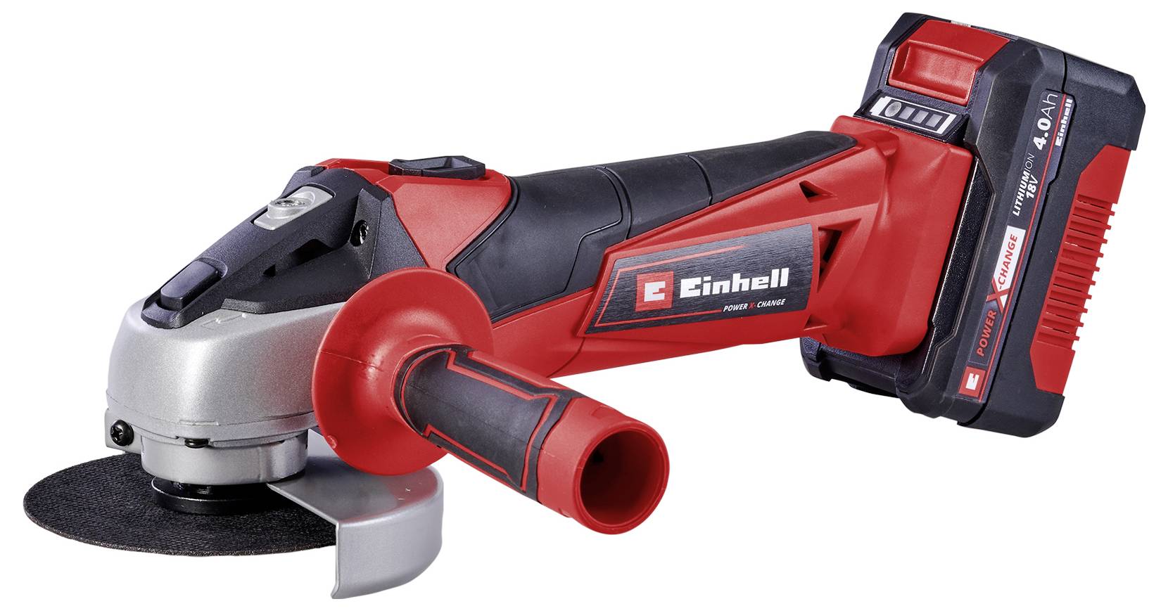 Batteridriven vinkelslipmaskin i rött och svart. Märke Einhell. Verktyget har ett ergonomiskt handtag och ett monterat batteri.