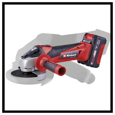 En röd, sladdlös vinkelslipmaskin med batteri och svart handtag, märket 'Einhell', ligger framför en grå bakgrund.