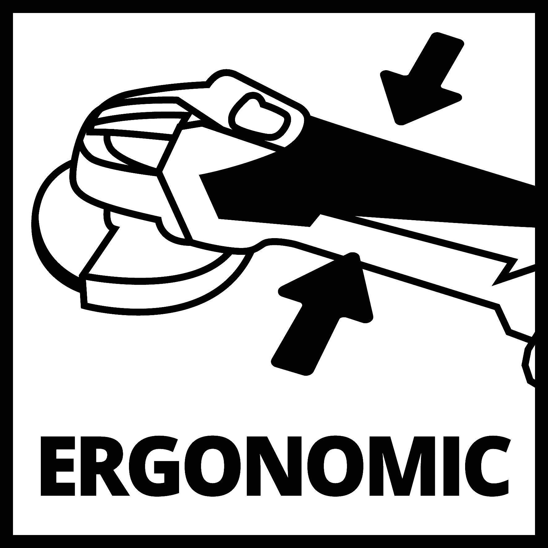 Svart-vit illustration av ett ergonomiskt verktyg med pilar som betonar komforten och användarvänligheten. Text: 'ERGONOMISK'.