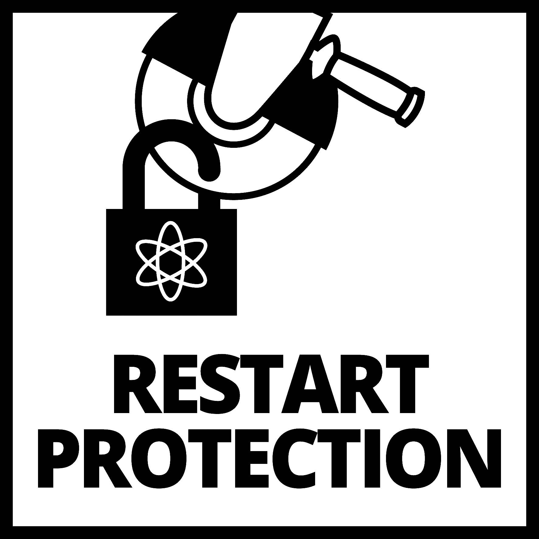 Ett lås med ett atomsymbol ovanför visar 'RESTART SKYDD', sannolikt en hänvisning till skyddsåtgärder mot omstart.
