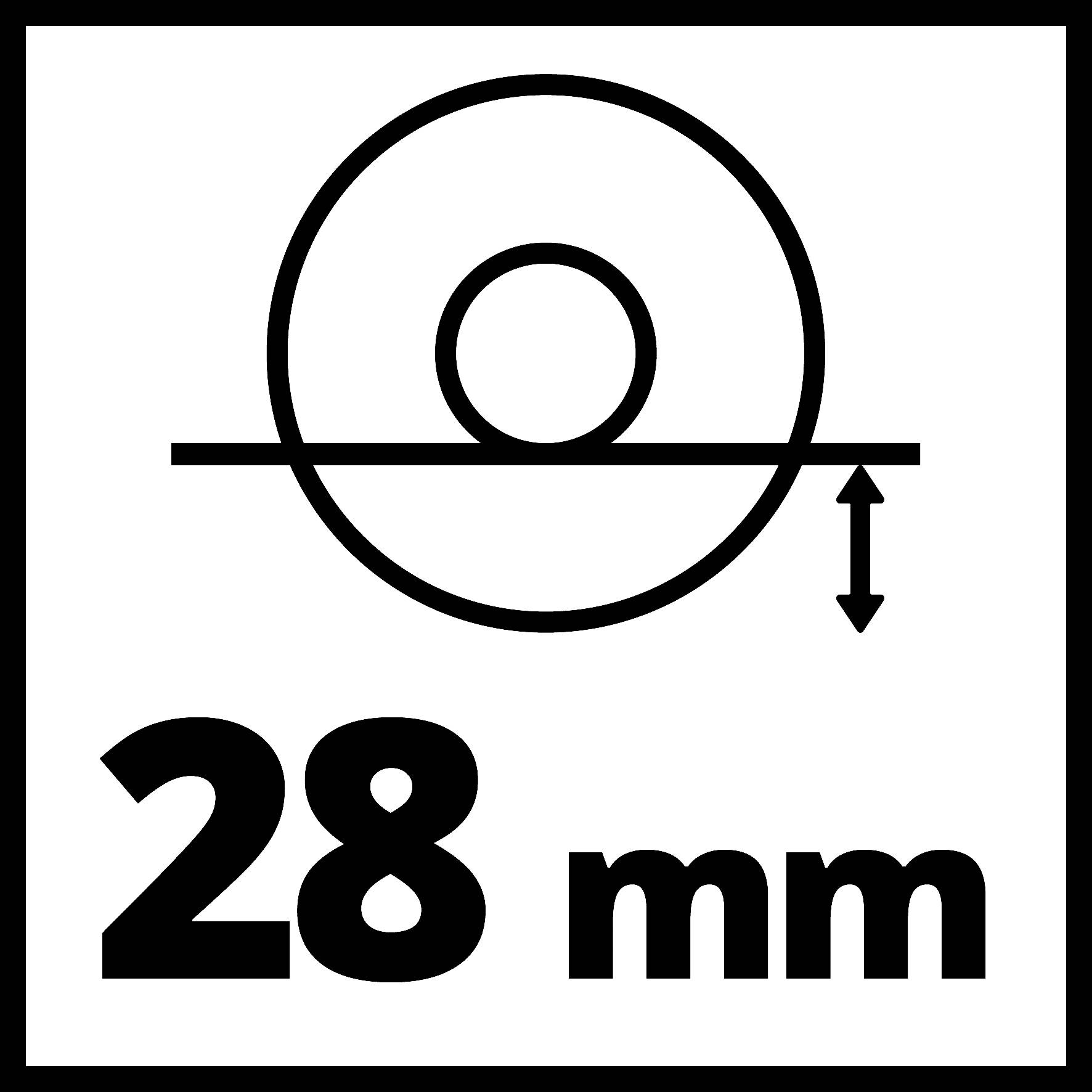 '28 mm' Symbol för faltdjup, visar en cirkel på en horisontell linje med en uppåtpekande pil.