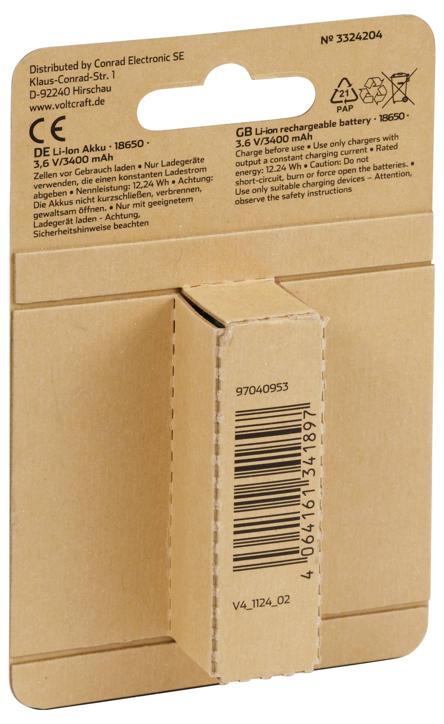 Baksida av ett batterietikettomslag med produktinformation på tyska och engelska. Innehåller uppgifter om kapacitet och säkerhet.