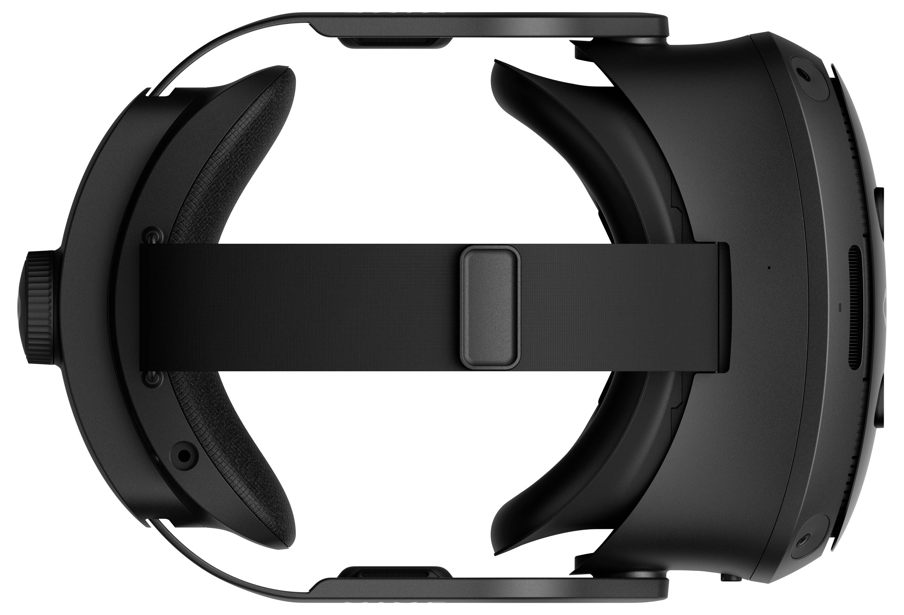 VR-headset sett ovanifrån med huvudband och mjuka öronkuddar, i svart färg. Perfekt för immersiva digitala upplevelser.