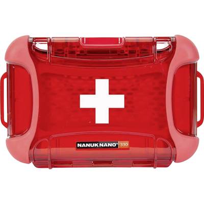Röd första hjälpen-kit med ett vitt kors på framsidan, innesluten i ett genomskinligt plastfodral märkt 'NANUK NANO 330'.