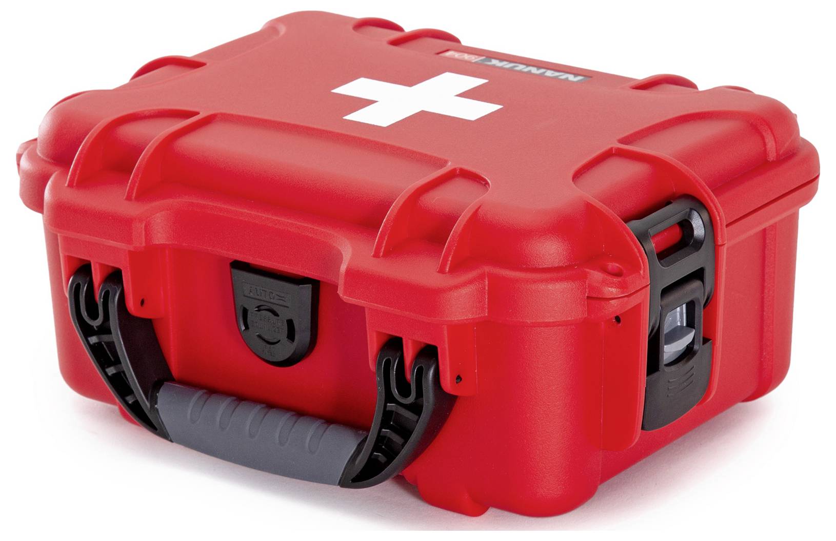 Röd första hjälpen-låda med vitt kors, robust design, lämplig för medicinska nödsituationer på resande fot.