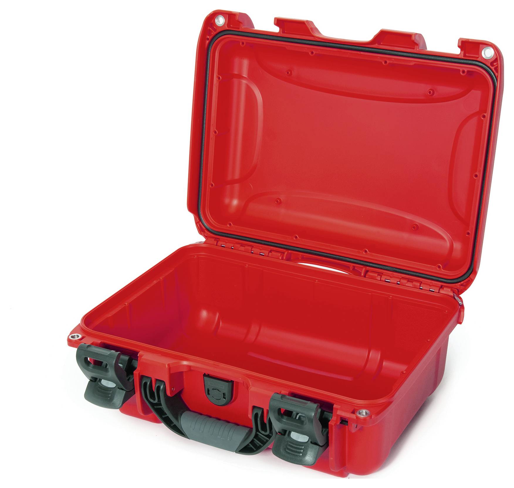 Röd, öppen hardcase-väska med svart handtag och låsningar, lämplig för säker transport av ömtåliga föremål.