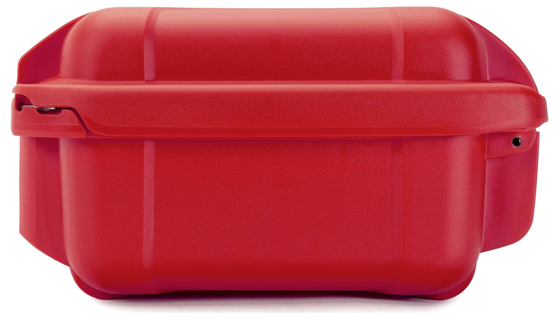 Röd plastlunchbox med avrundade hörn och vikbart lock, fotograferad från sidan.