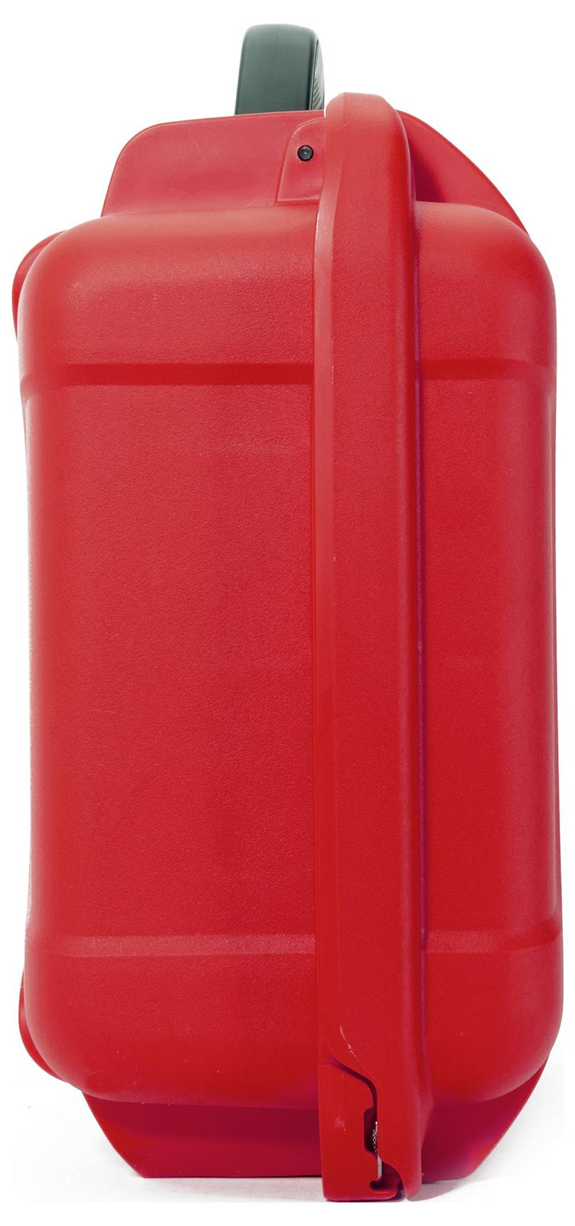 Röd bensindunk med grönt lock, stående i sidovy.