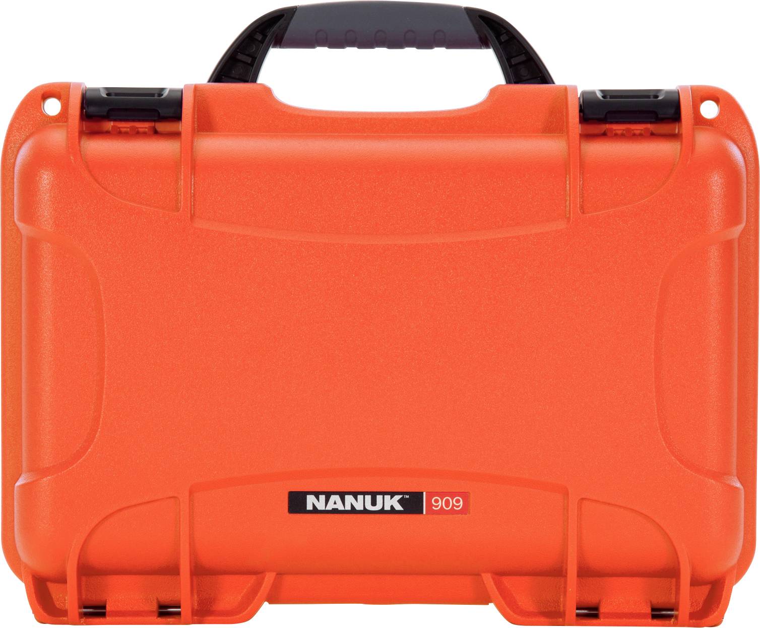Orange skyddsväska med svart handtag och lås, lämplig för förvaring och säkring av ömtåliga föremål.