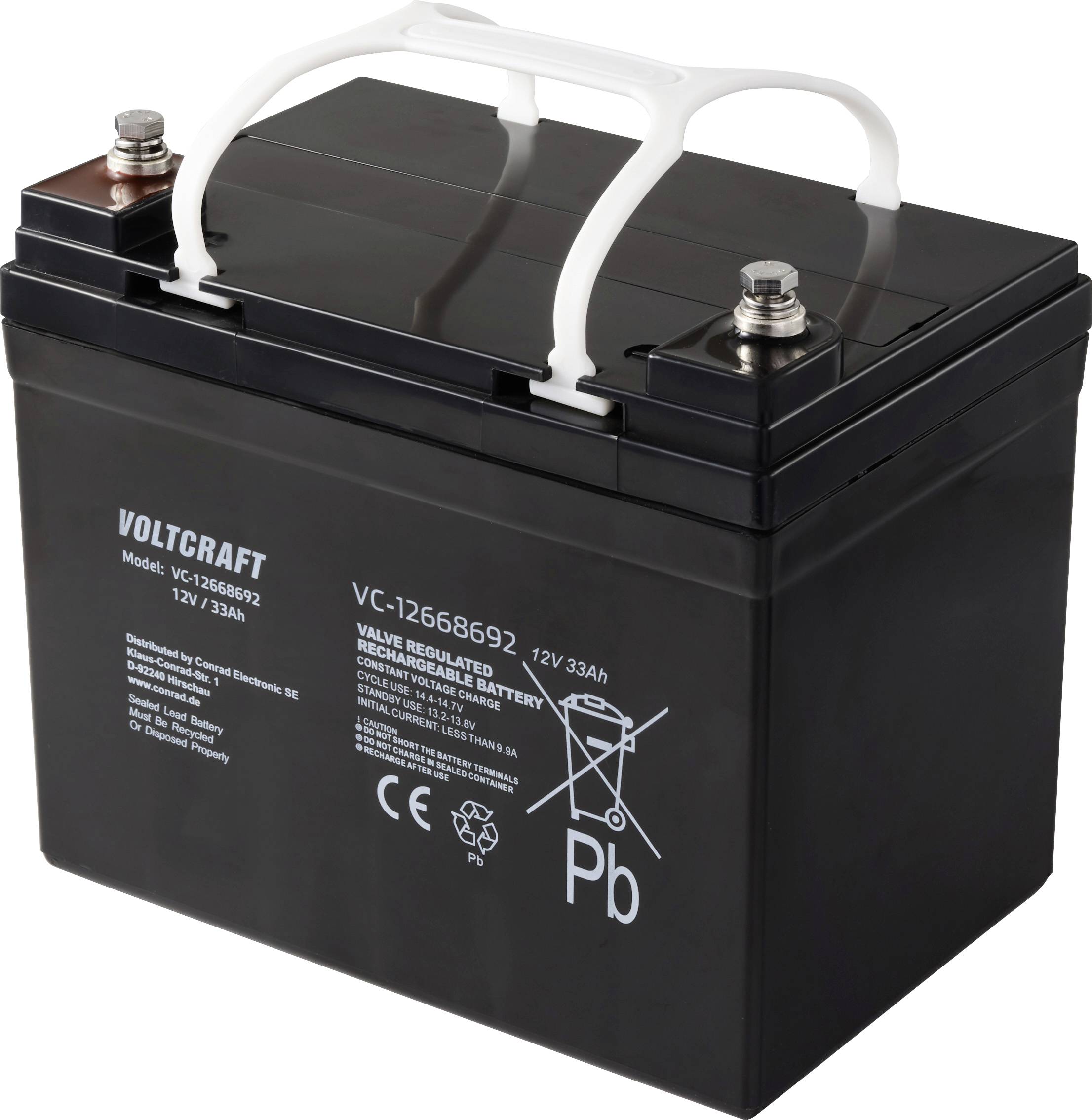Svart bilbatteri med vita handtag och flerspråkiga säkerhetsanvisningar. Modellnummer: VC-12656892, 12V 33Ah.