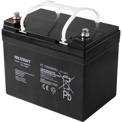 Svart bilbatteri med vita handtag och flerspråkiga säkerhetsanvisningar. Modellnummer: VC-12656892, 12V 33Ah.