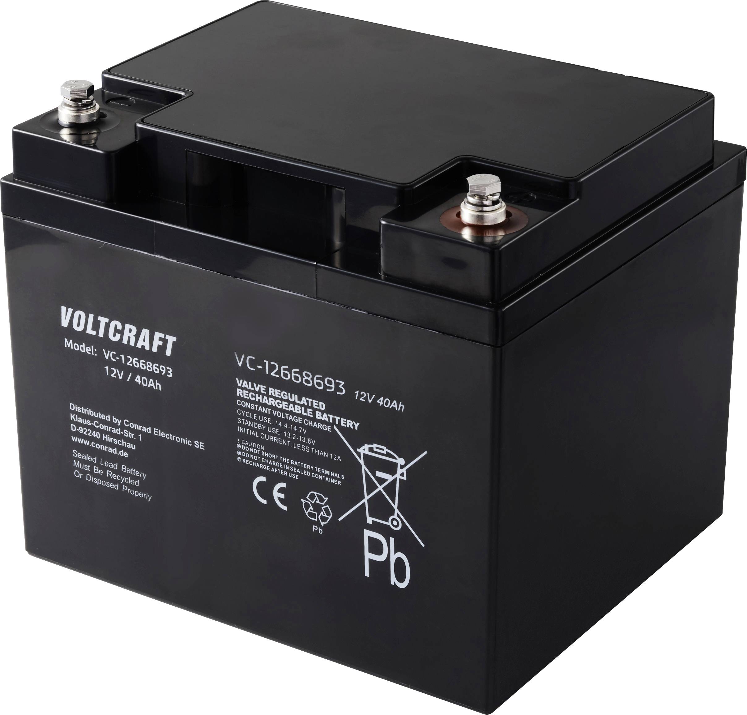 Svart bilbatteri med texten 'VOLTCRAFT 12V 40Ah VC-1268693', bredvid symboler för bly och återvinning.