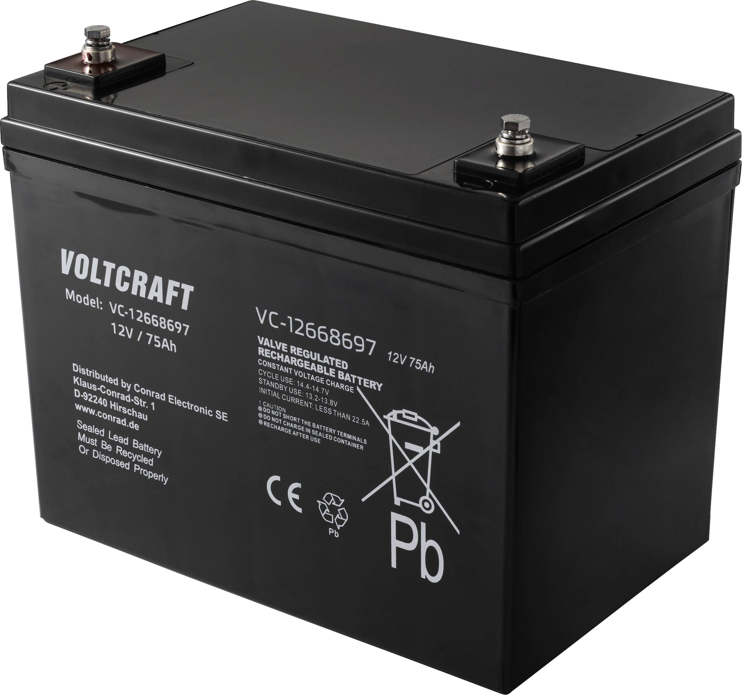 Svart uppladdningsbar batteri av märket Voltcraft med texten '12V 7,5Ah', två poler på ovansidan och varningstext på sidan.