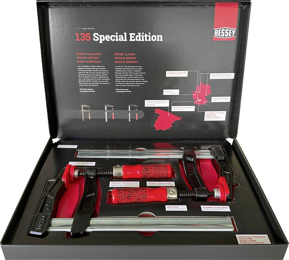 '135 Special Edition' Sänkset från Bessey i en öppen förpackning. Inuti två röda sänkar och information om editionen.