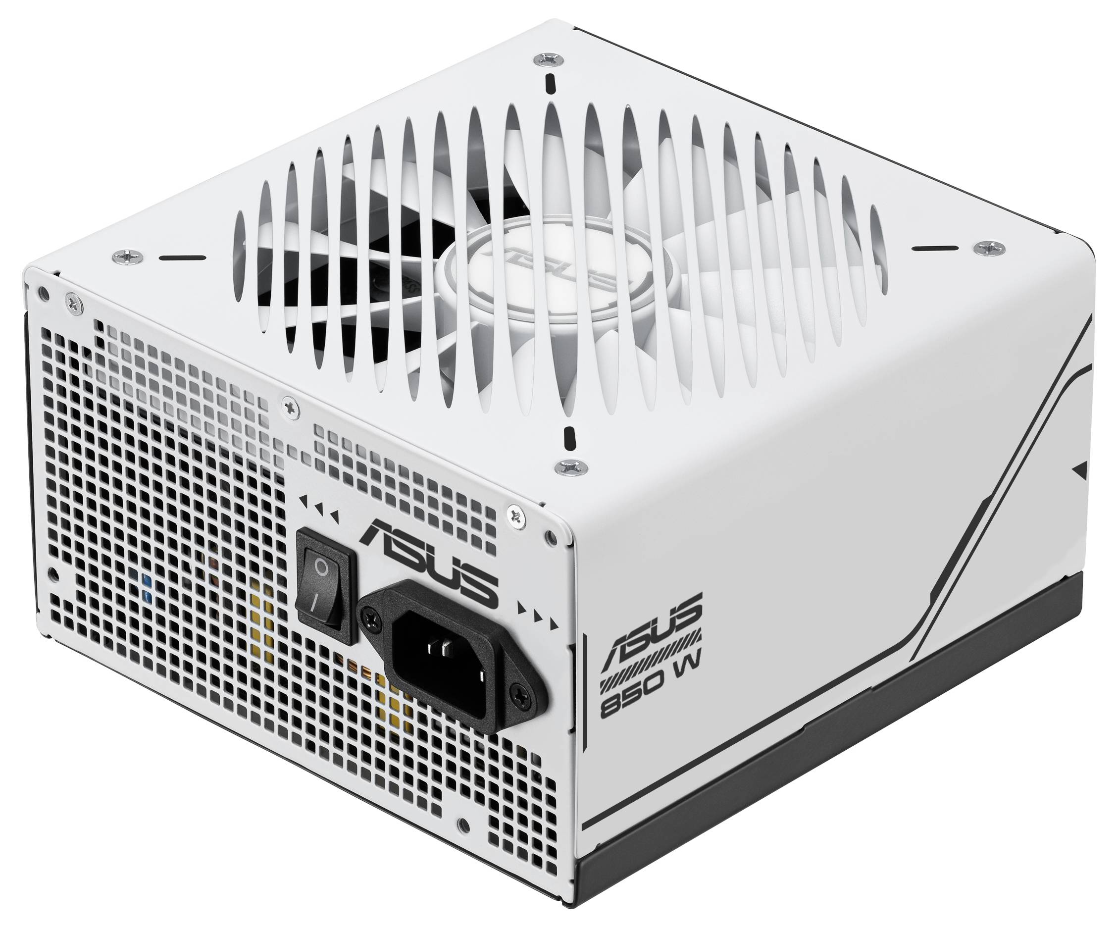 Vitt Asus-nätaggregat med fläkt och 850 W effekt. Lämpligt för gamingdatorer, erbjuder en pålitlig strömförsörjning och kylning.