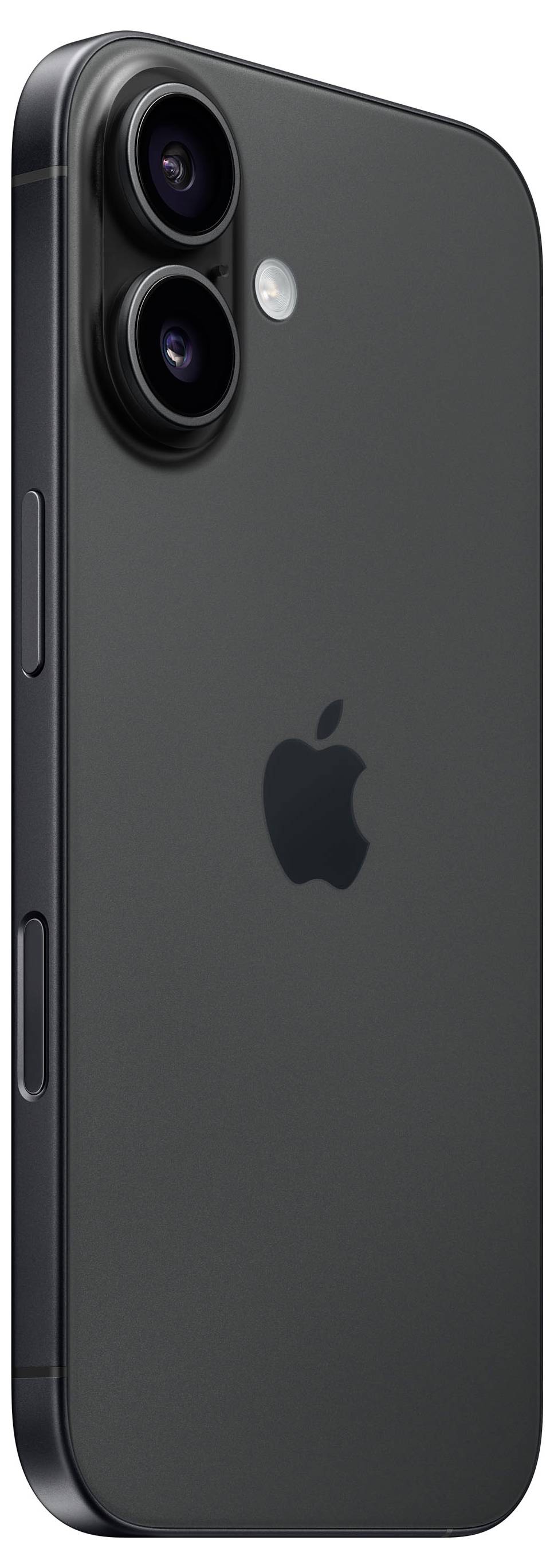 En svart smartphone med två kameralinser på baksidan och en Apple-logotyp. Den har en smal, modern design.