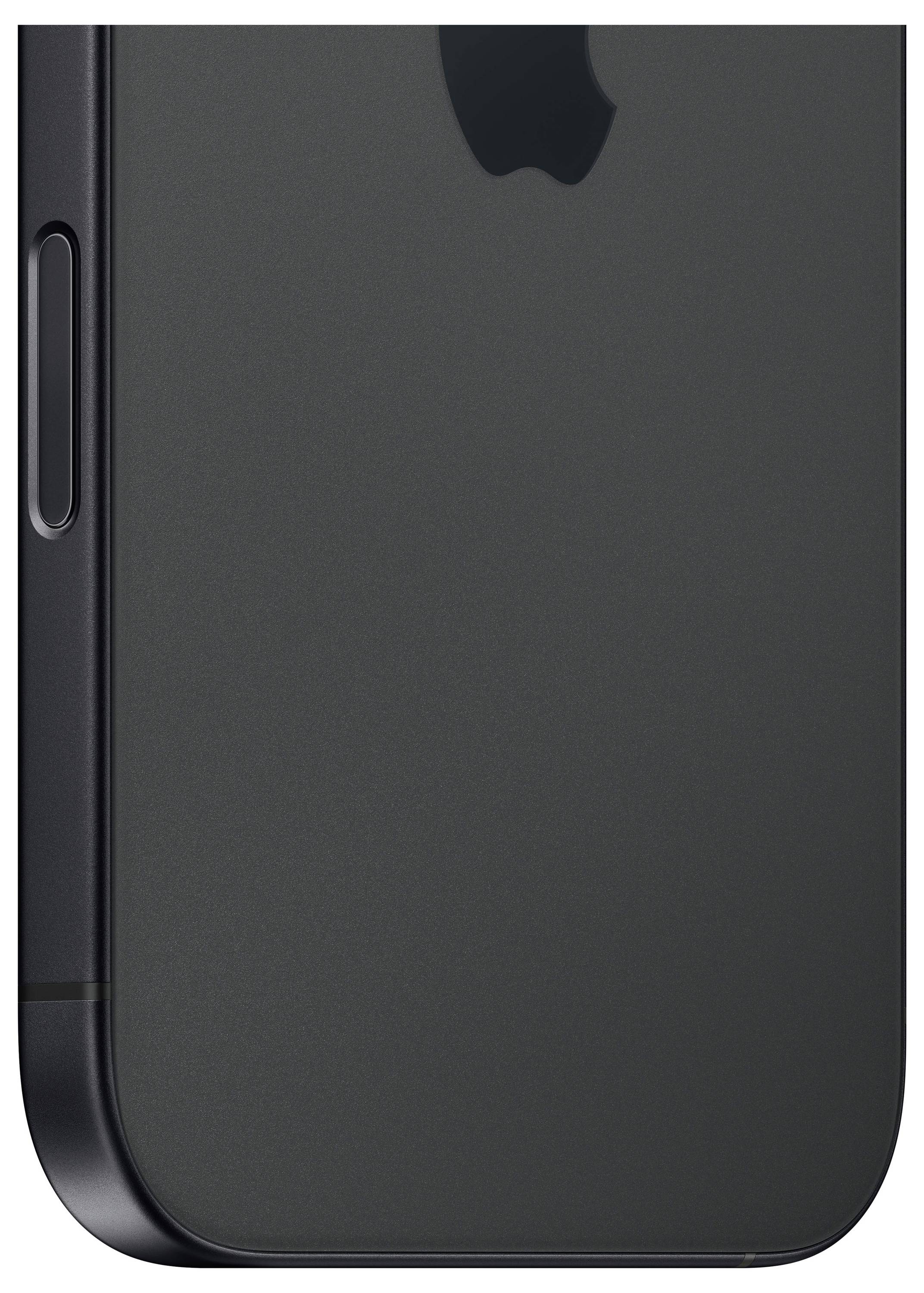 En svart smartphone sedd från sidan, där en del av Apple-logotypen är synlig. Designen är enkel och modern.