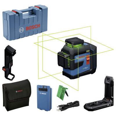 Bosch GLL3-300 Lasernivåinstrument-set med väska, fäste, väggfäste, laddare och fodral, lämpligt för bygg- och installationsarbeten.