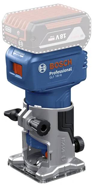 Trådlös Bosch Professional routerverktyg med batterienhet visad ovanför det, frontvy på vit bakgrund.