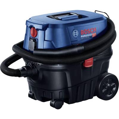 En blå och svart Bosch professionell dammsugare med hjul och slang, konstruerad för tung arbetsbelastning och utrustad med en robust byggnadsstruktur.