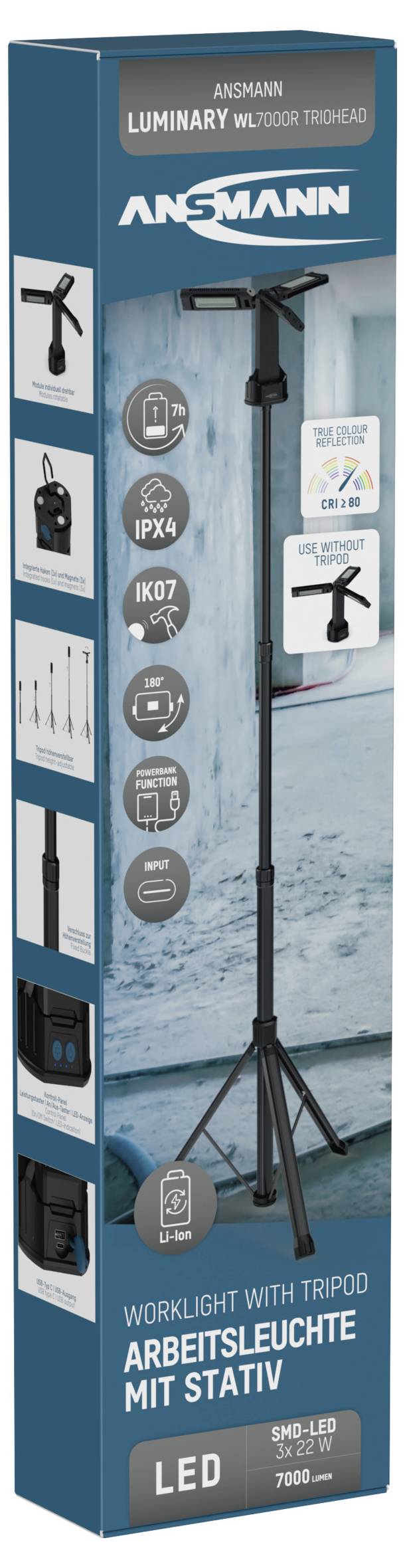 Förpackning för en arbetslampa med stativ och LED-teknik. Varumärke och modell framhävs. Funktioner som IPX4-skydd och ljusfärg beskrivs.