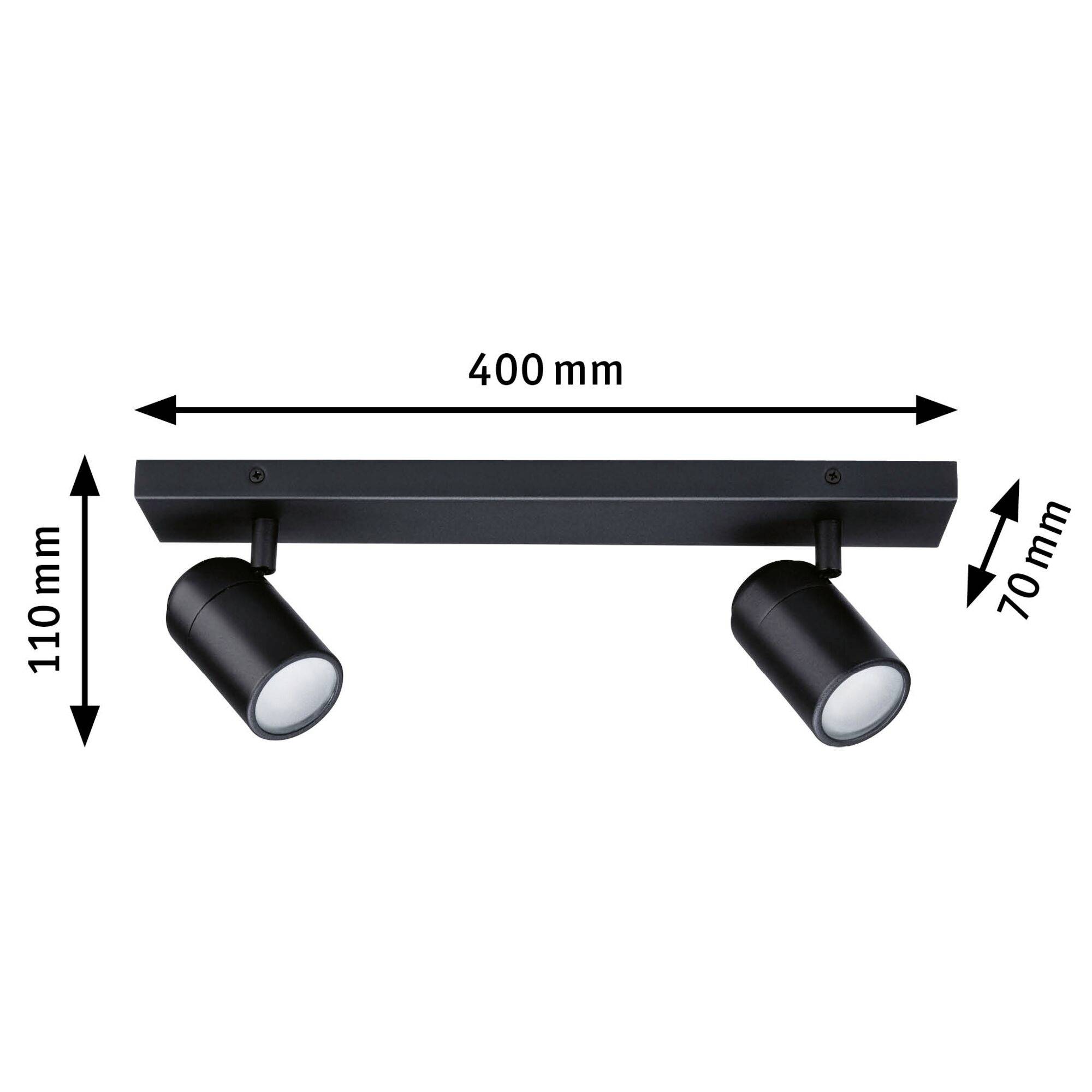 Svart takspotlight med två justerbara lampor, 400 mm lång, 110 mm hög, lamphuvu diameter 70 mm.