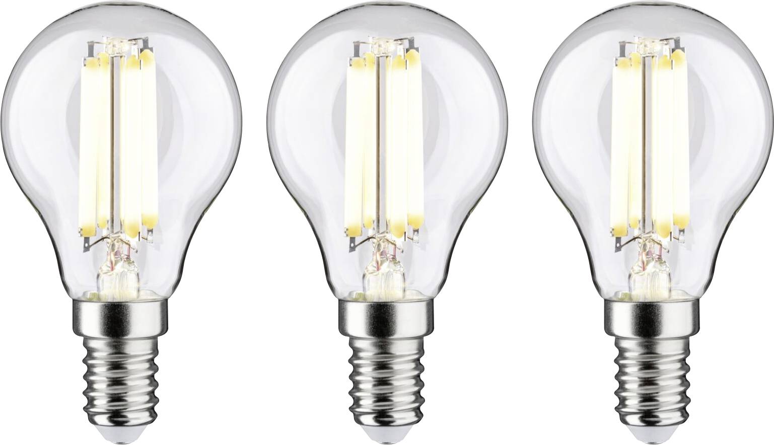 Tre glödlampor på rad. Varje lampa har en metallsockel och ett transparent glashölje som gör de lysande filamenterna synliga.