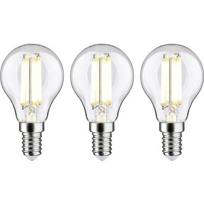 Tre glödlampor på rad. Varje lampa har en metallsockel och ett transparent glashölje som gör de lysande filamenterna synliga.