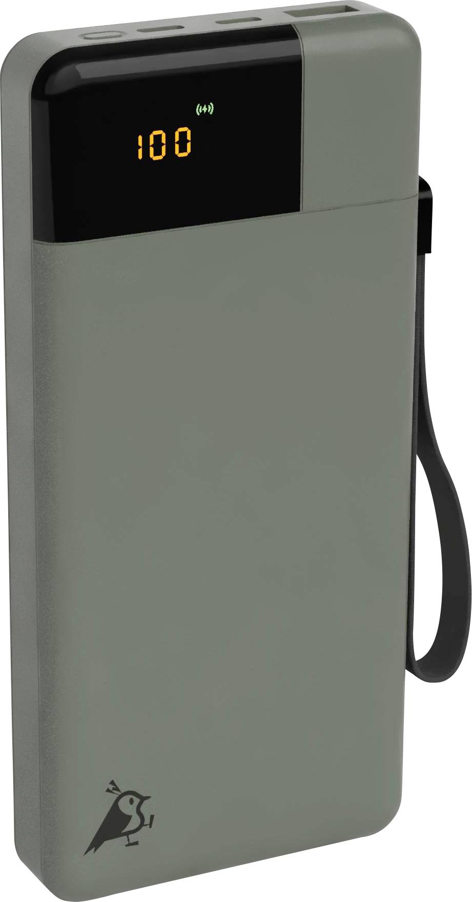 Grå powerbank med LED-display som visar '100', symboliserar full laddning. En fågel-logotyp på framsidan.
