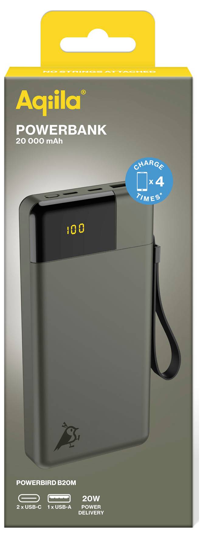 En grå powerbank på 20 000 mAh från Aqila med digital display och slinga. Lämplig för att ladda upp enheter fyra gånger.