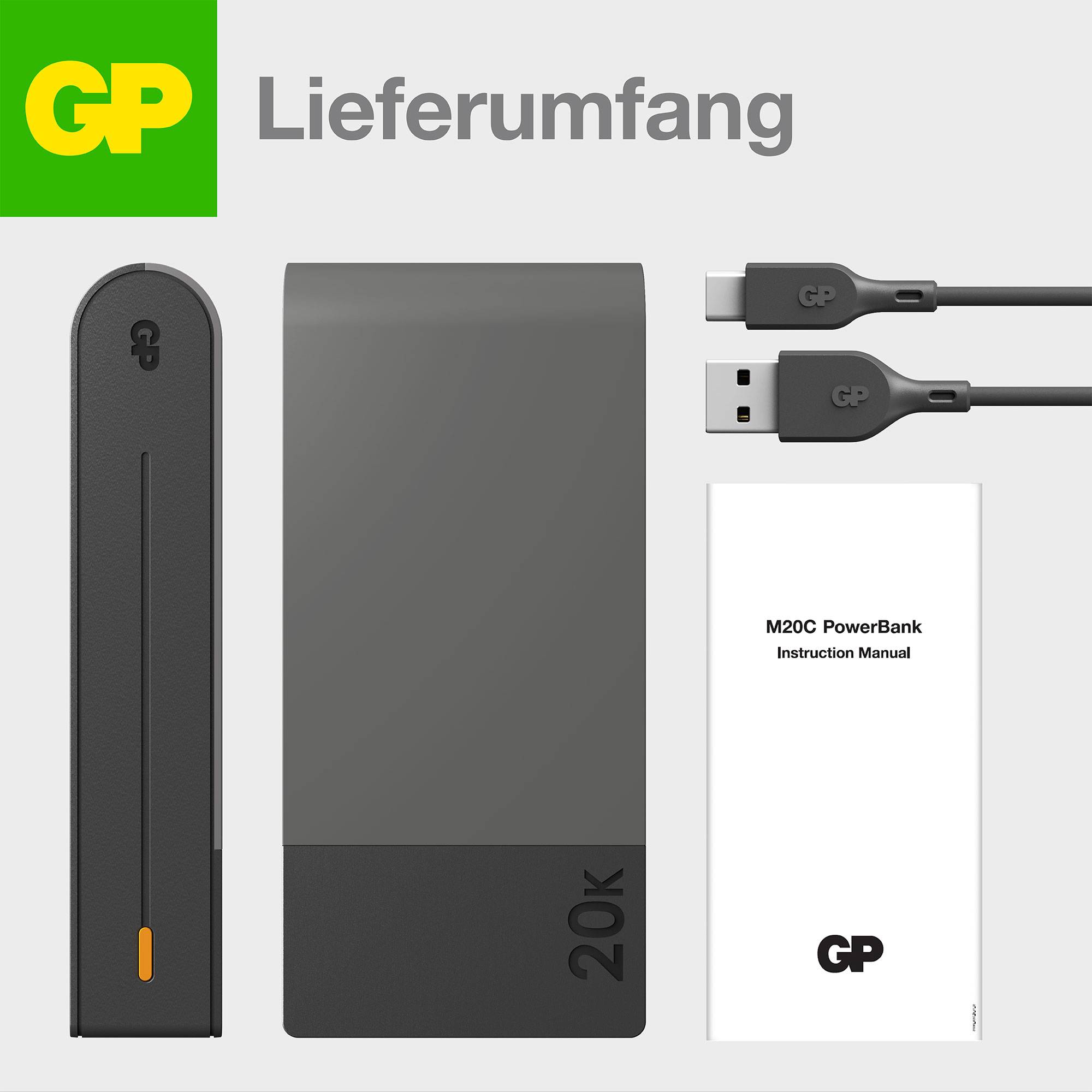 'GP' Powerbank med 20k kapacitet, USB-kabel och bruksanvisning för modell M20C.