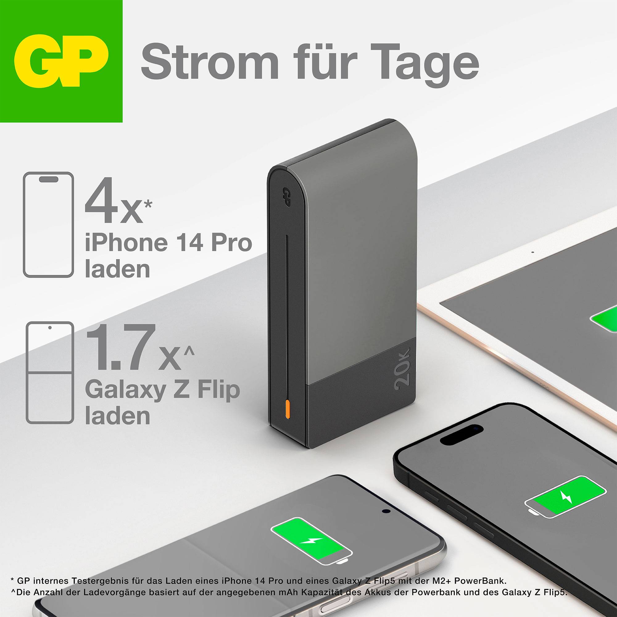 'GP PowerBank' annons visar en powerbank med symboler för iPhone 14 Pro och Galaxy Z Flip, vilket betonar dess förmåga att ladda flera enheter.