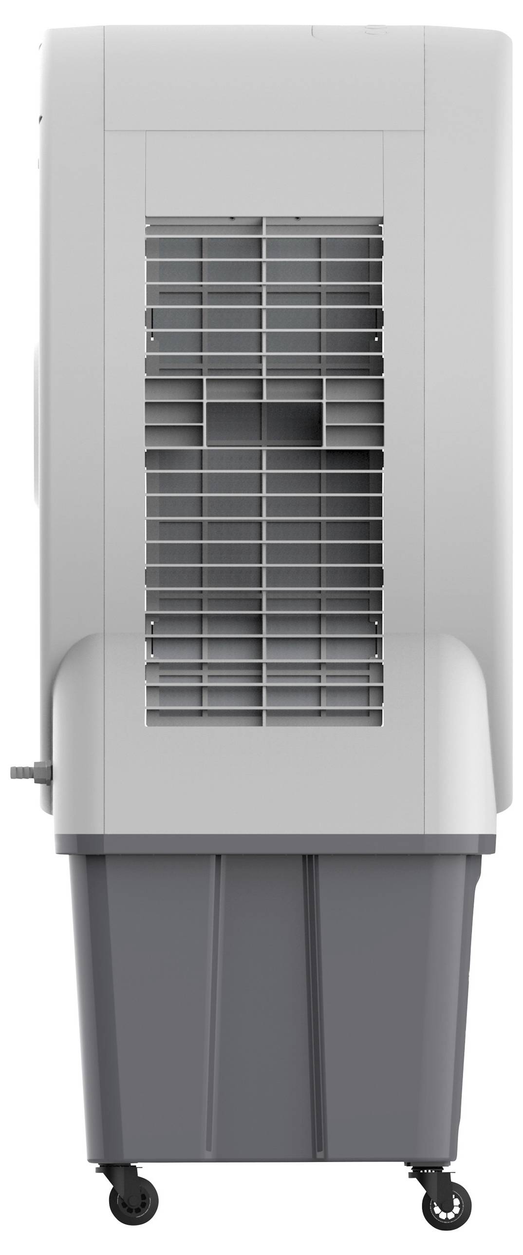 Vit luftkonditionering på hjul med vertikalt ventilationsgaller, sedd från sidan.